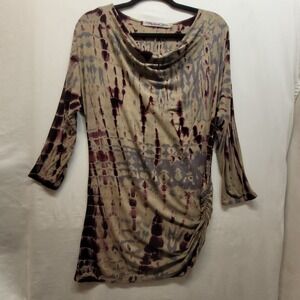 Michael Stars Womens Tie Dye Cowl Neck Ruched Side 3/4 Sleeve Top Purple OS 2292